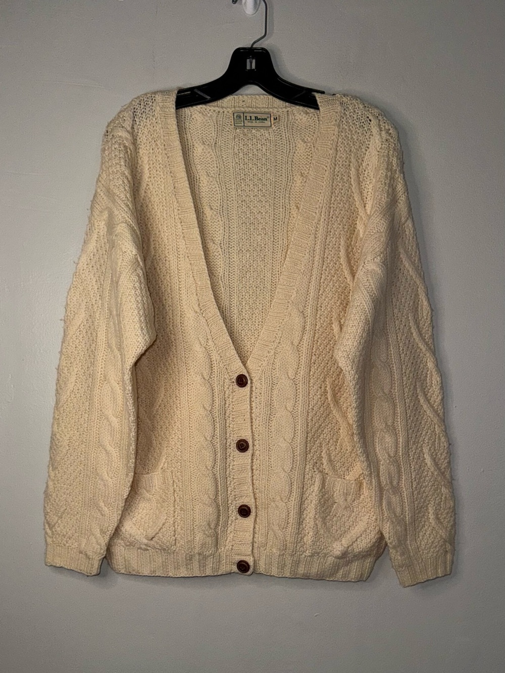 L.L. Bean Pure Wool Ivory Cable-Knit Button-Front Women's Cardigan